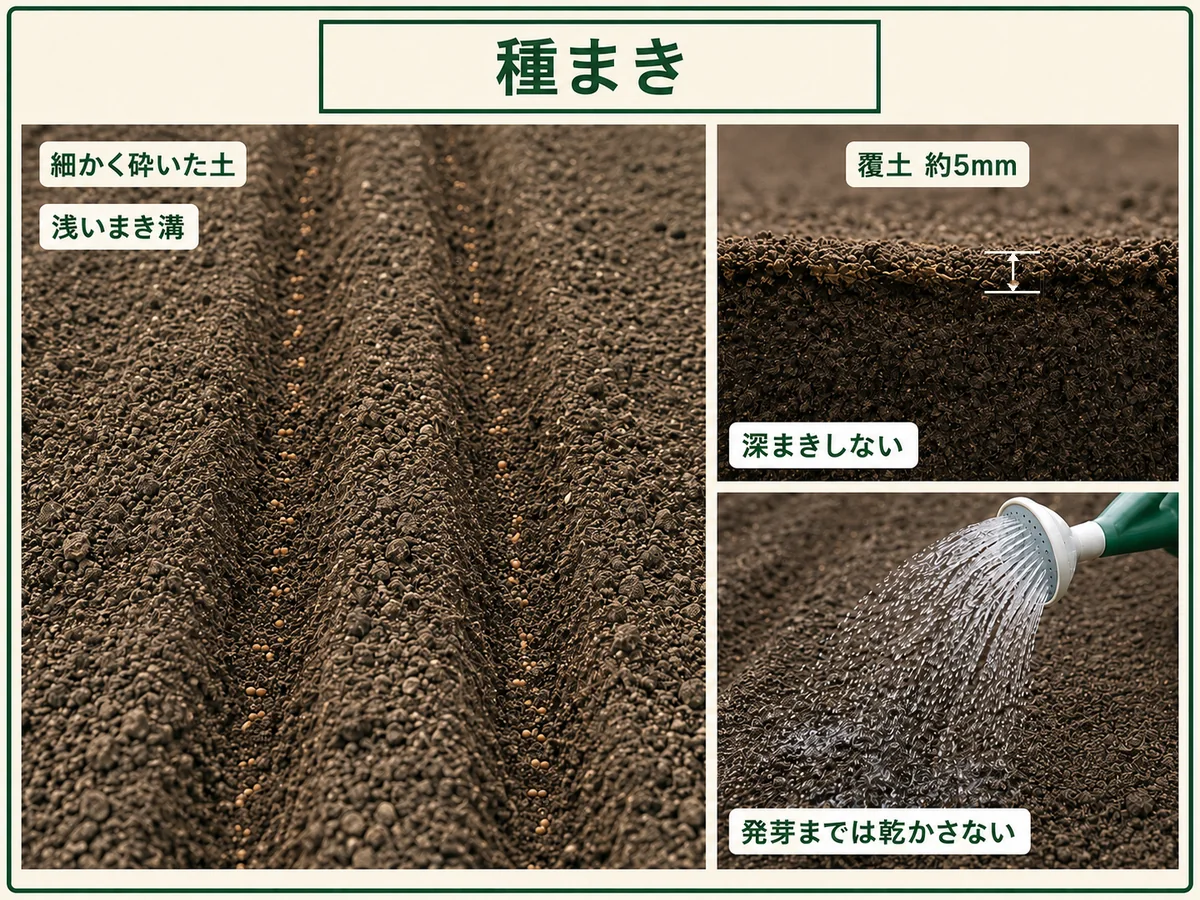 ニンジンを播種間隔1〜2cm、条間15〜20cmで条まきし薄く覆土する方法