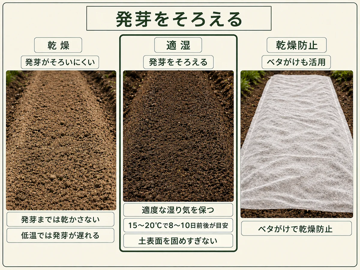 ニンジンの発芽まで土を乾かさず適湿とベタがけで発芽をそろえる方法