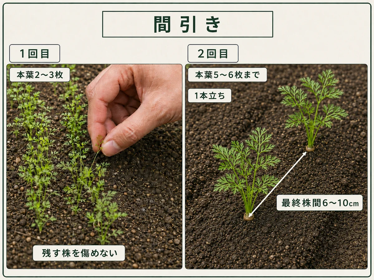 ニンジンを本葉2〜3枚と本葉5〜6枚までの2段階で間引き最終株間6〜10cmへ整える方法