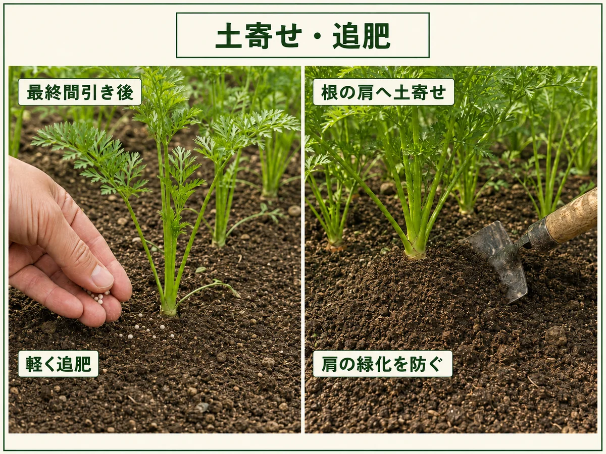 ニンジンの最終間引き後に軽く追肥し根の肩へ土寄せして緑化を防ぐ方法