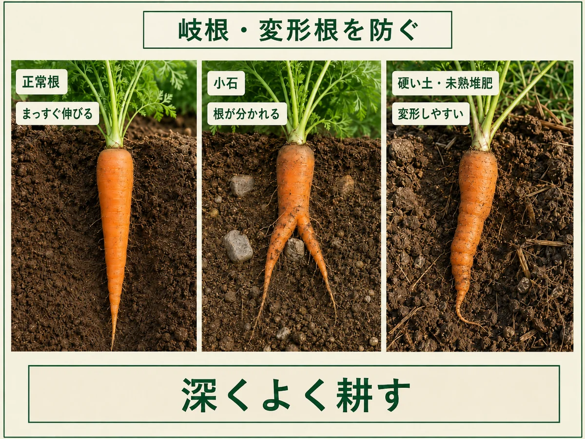 正常なニンジンと小石や硬い土で発生した岐根・変形根の比較