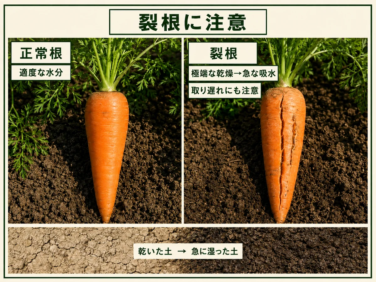 正常なニンジンと極端な乾燥後の急な吸水などで起こる裂根の比較