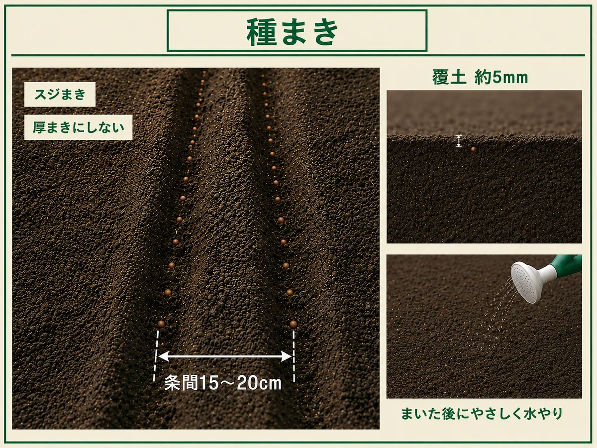 ルッコラをスジまきし条間15〜20cmで薄く覆土する方法