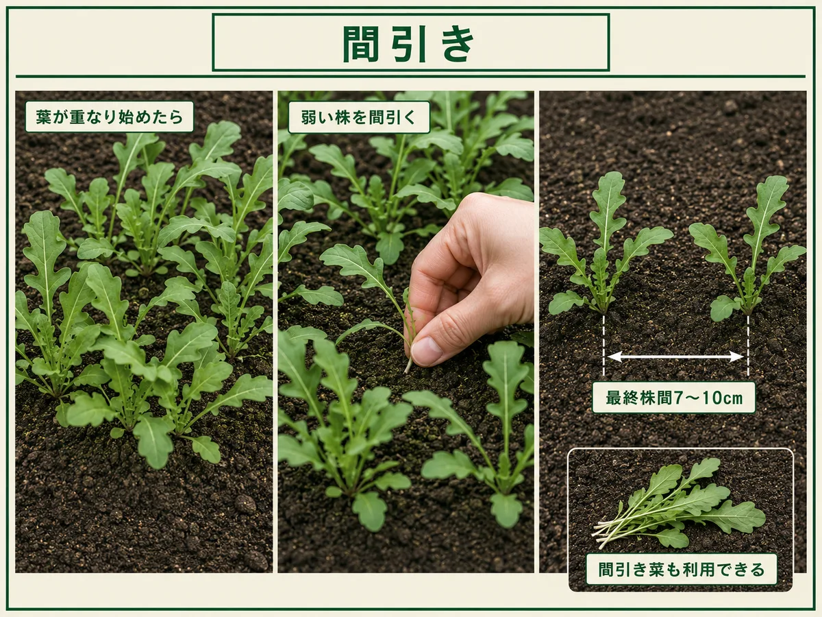葉が重なり始めたルッコラを間引いて最終株間7〜10cmへ整える方法
