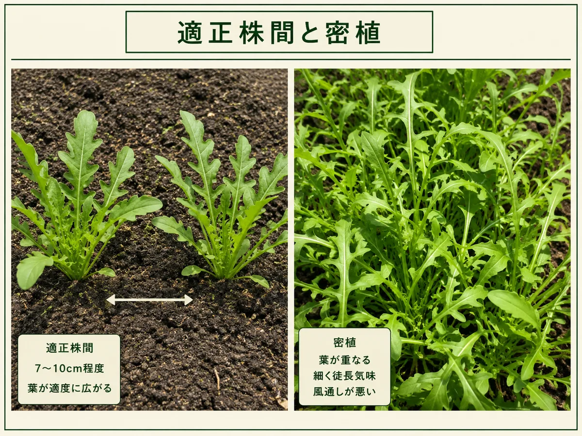 株間7〜10cmのルッコラと密植で葉が重なり徒長気味になった株の比較