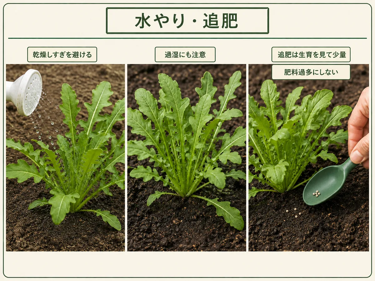 ルッコラの乾燥と過湿を避け生育を見ながら少量追肥する方法