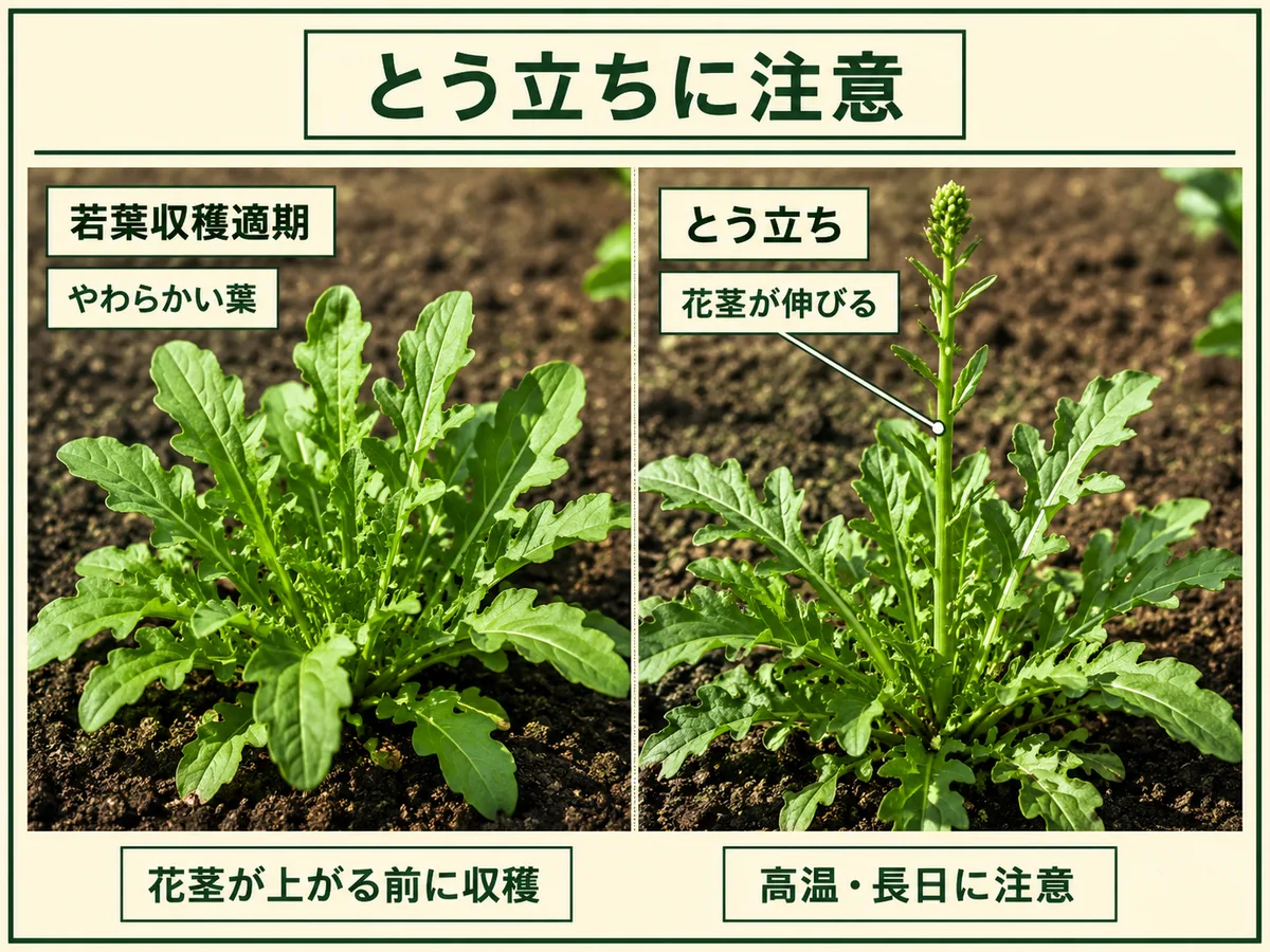若葉収穫適期のルッコラと中心から花茎が伸びたとう立ち株の比較