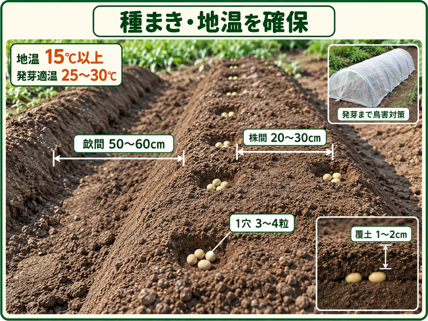 エダマメを地温15℃以上で1穴3〜4粒・株間20〜30cm・畝間50〜60cmに種まきする方法