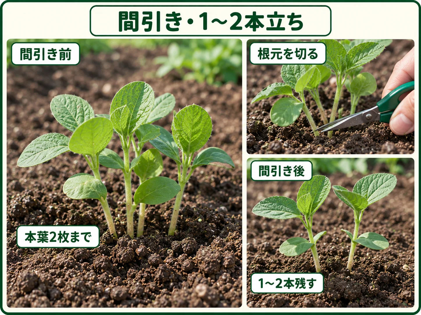 エダマメを本葉2枚までに間引いて1〜2本立ちにする方法