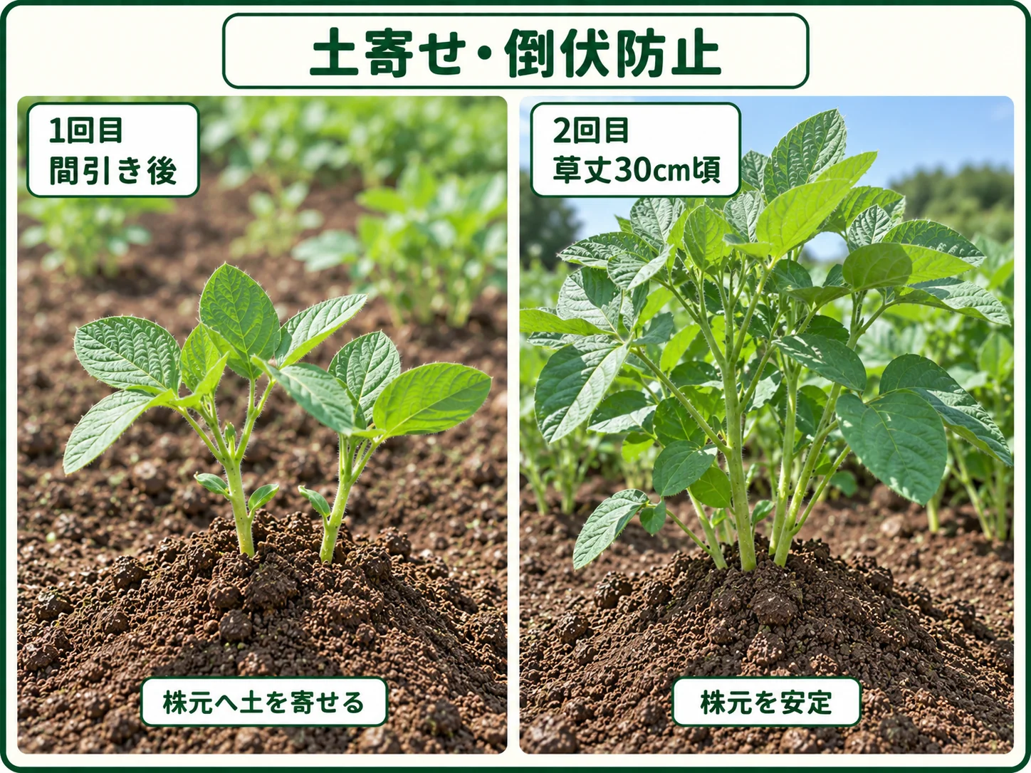 エダマメの間引き後と草丈30cmごろに土寄せして倒伏を防ぐ方法