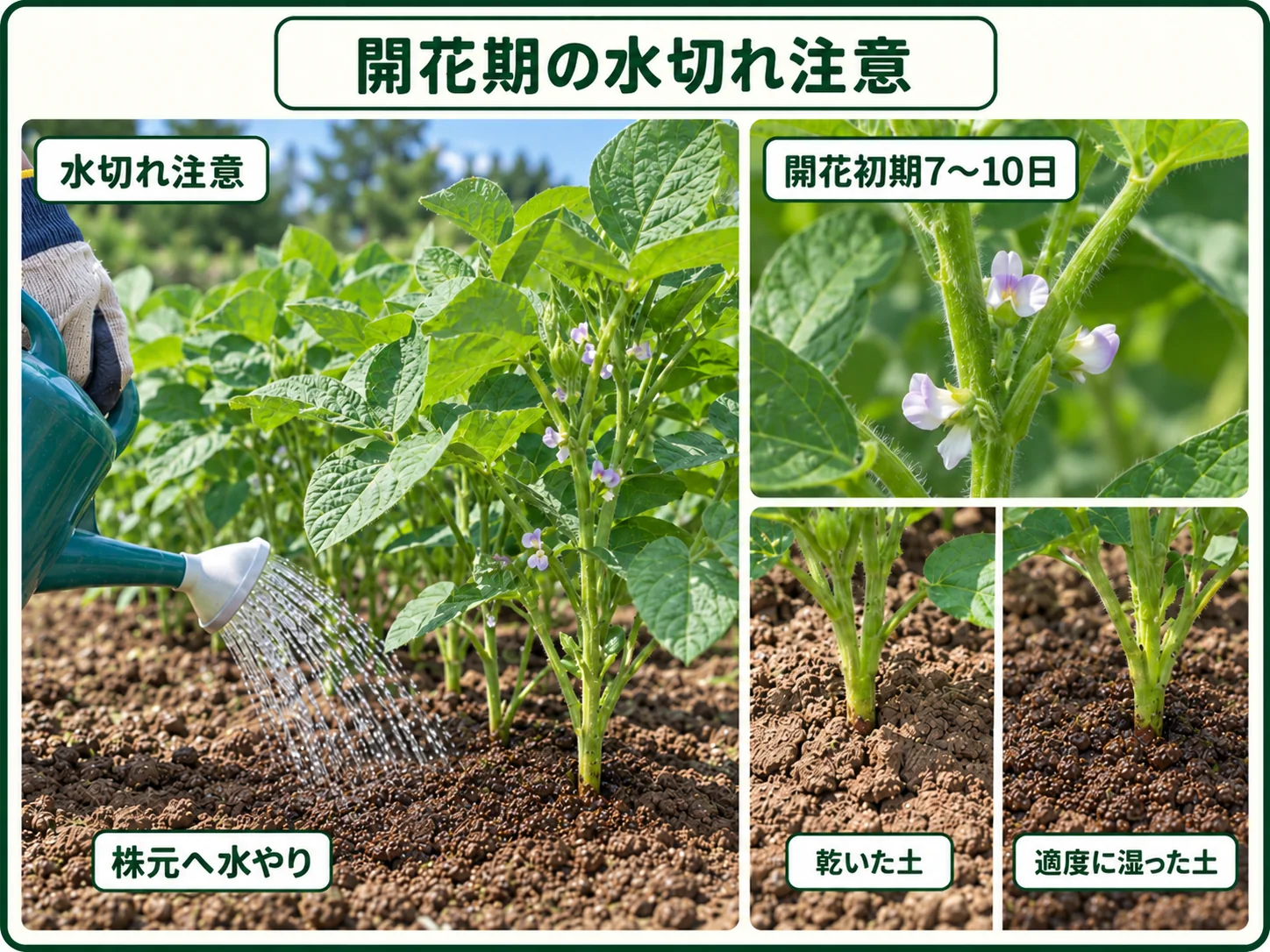 エダマメの開花初期7〜10日に株元へ水やりして水切れを防ぐ方法