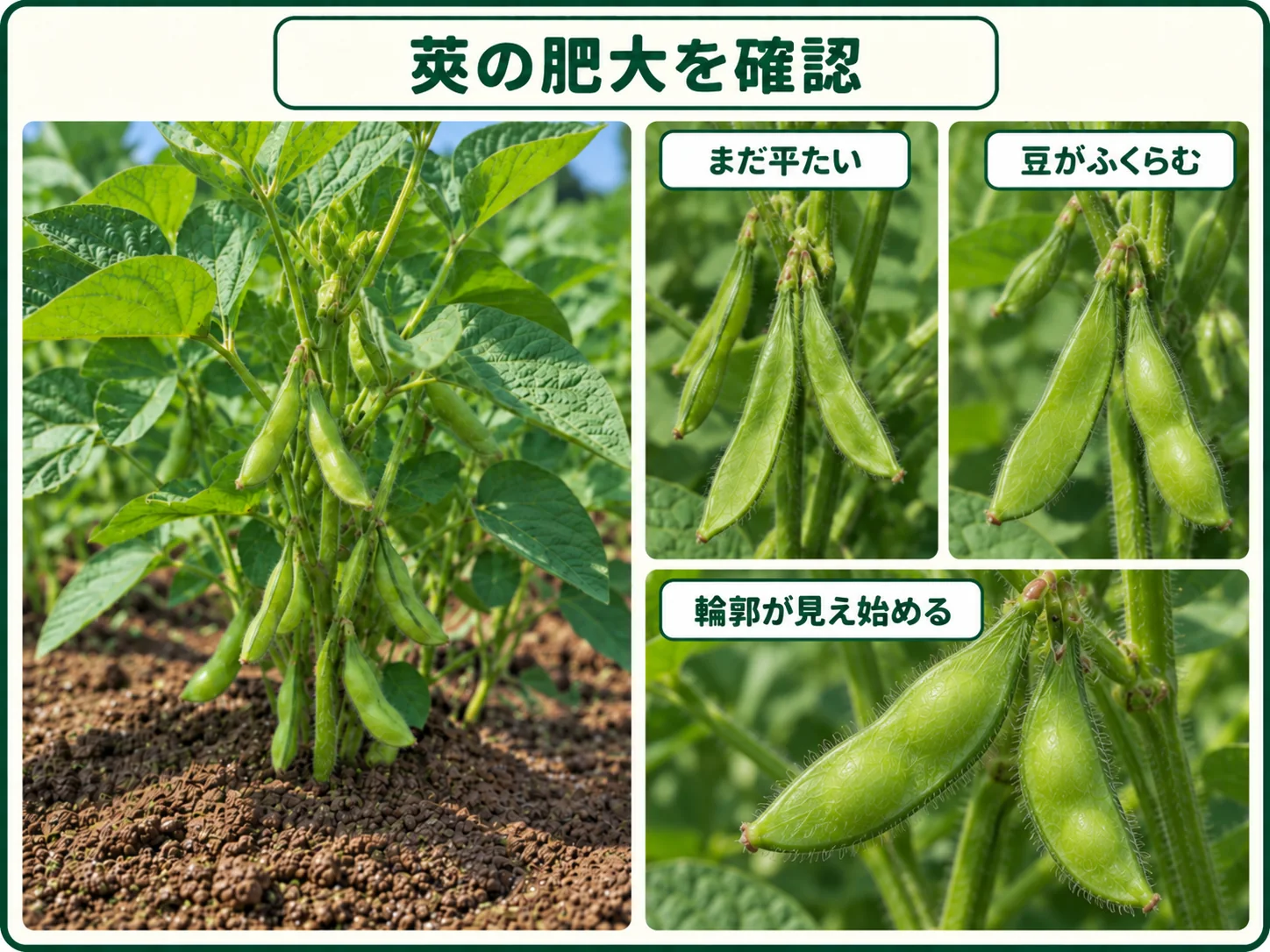 エダマメの莢が平たい状態から豆がふくらみ輪郭が見え始めるまでの肥大