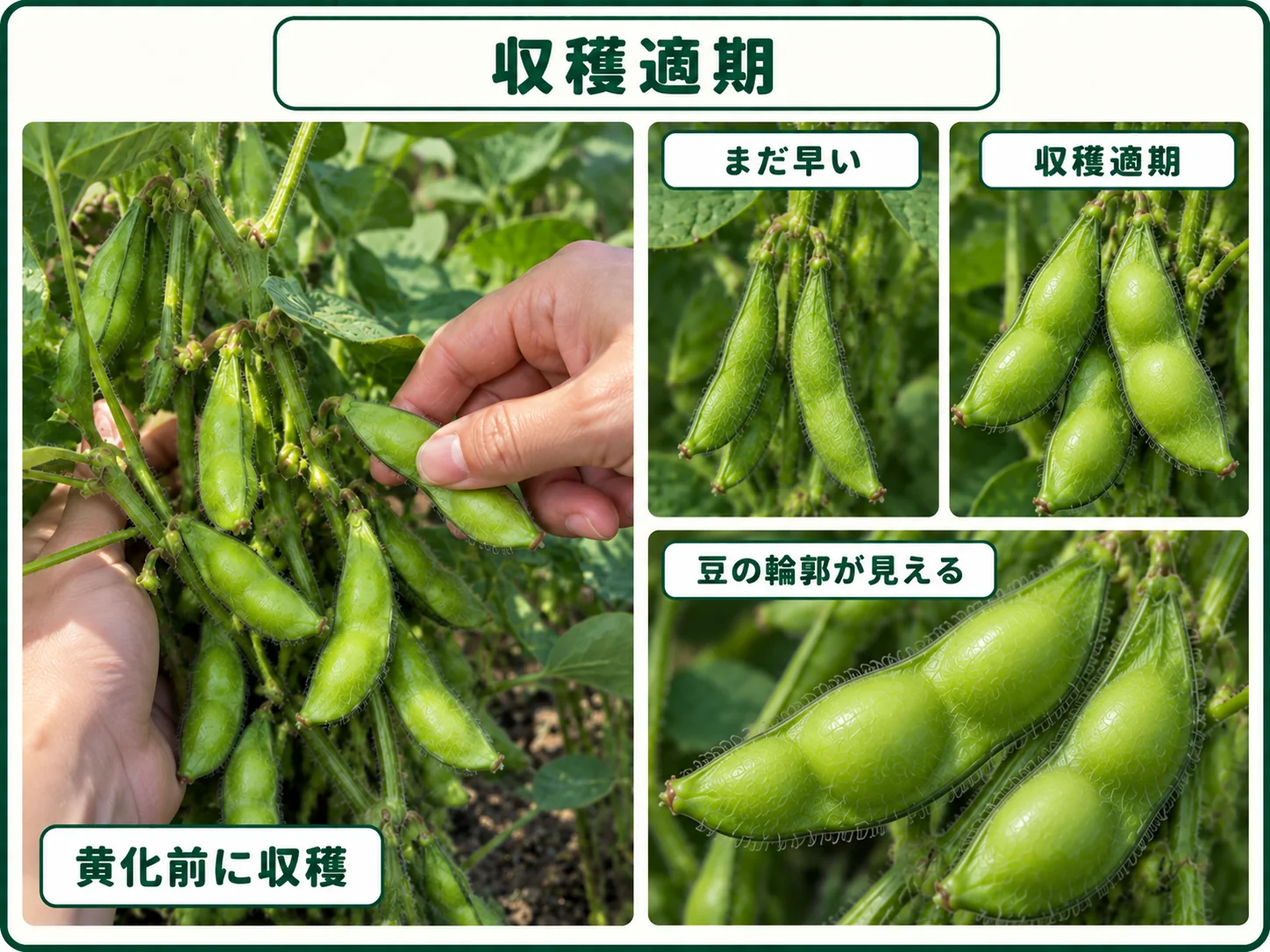 エダマメの莢が十分に肥大し豆の輪郭が見えて黄化前に収穫する適期