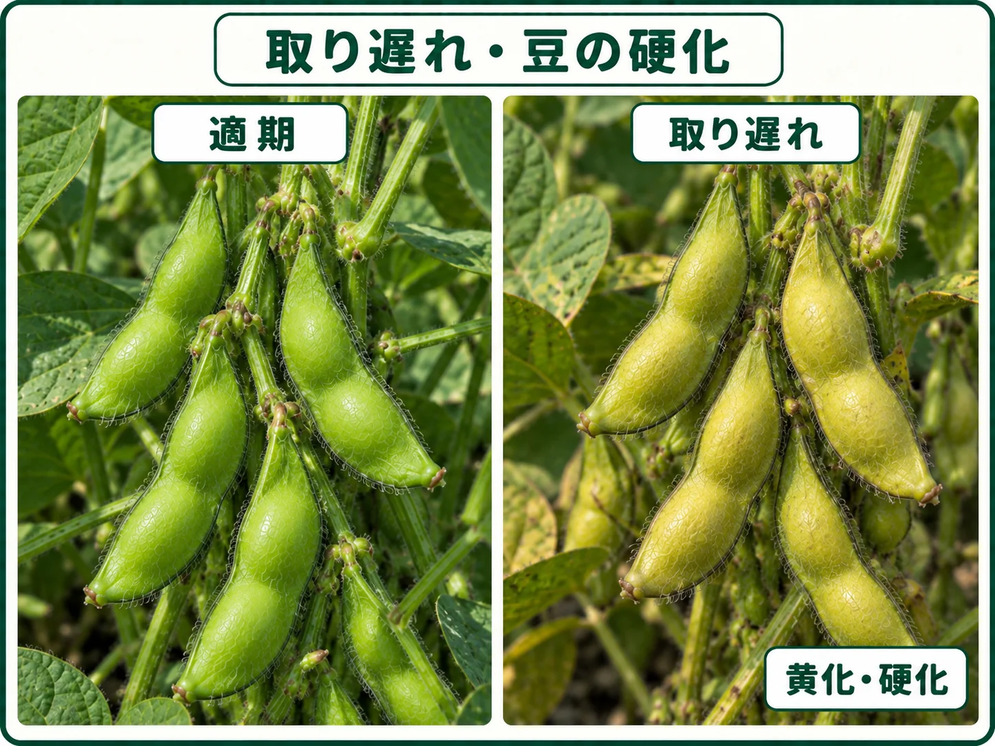 エダマメの収穫適期と取り遅れて莢が黄化し豆が硬くなった状態の比較