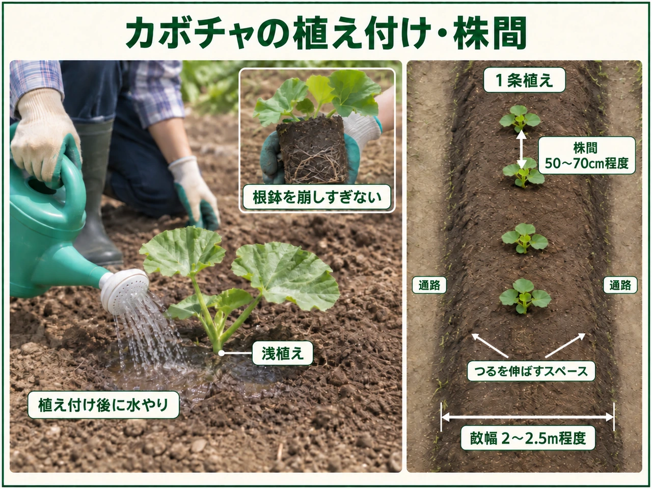 カボチャ苗を株間50〜70cm・畝幅2〜2.5mの1条で植え付ける方法