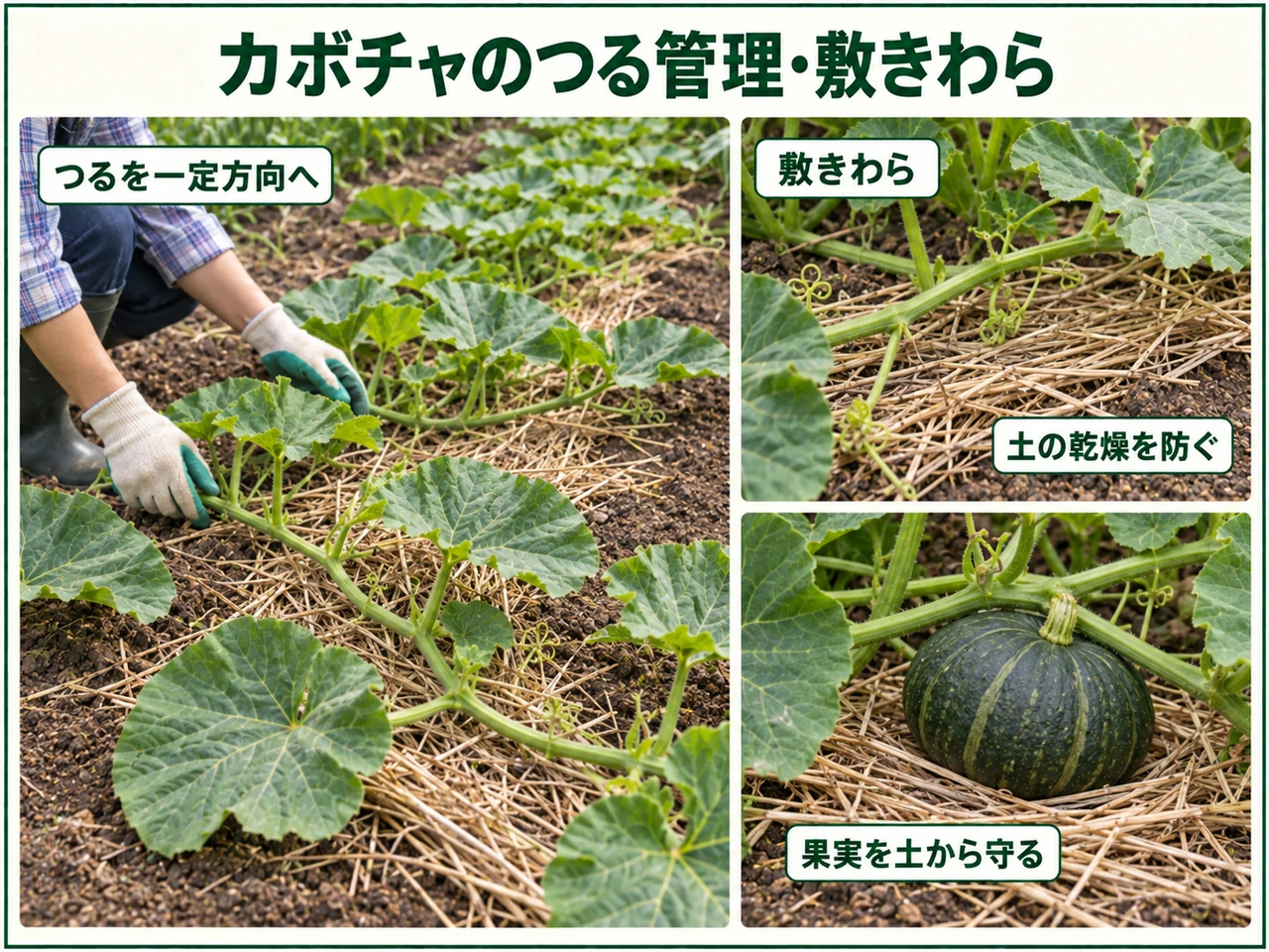 カボチャのつる管理と敷きわらのやり方
