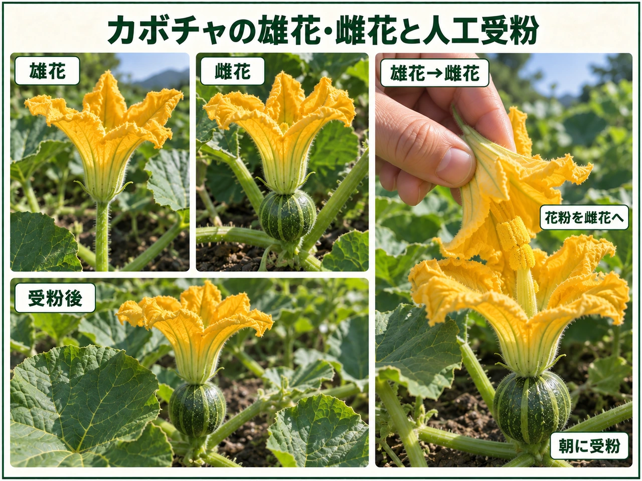 カボチャの雄花と雌花を見分けて人工受粉する方法