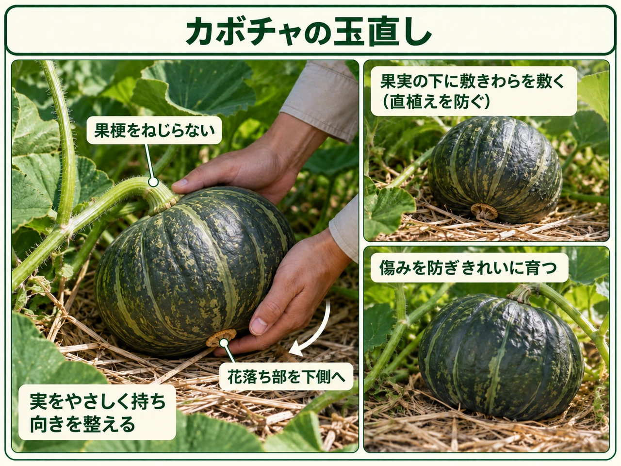 カボチャの果実を傷めないように玉直しする方法