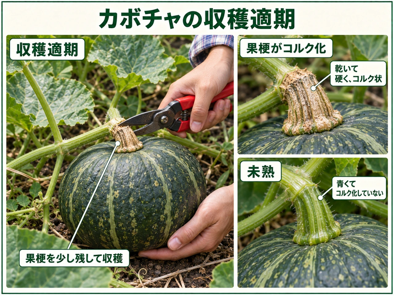 カボチャの果梗のコルク化で収穫適期を見分ける方法