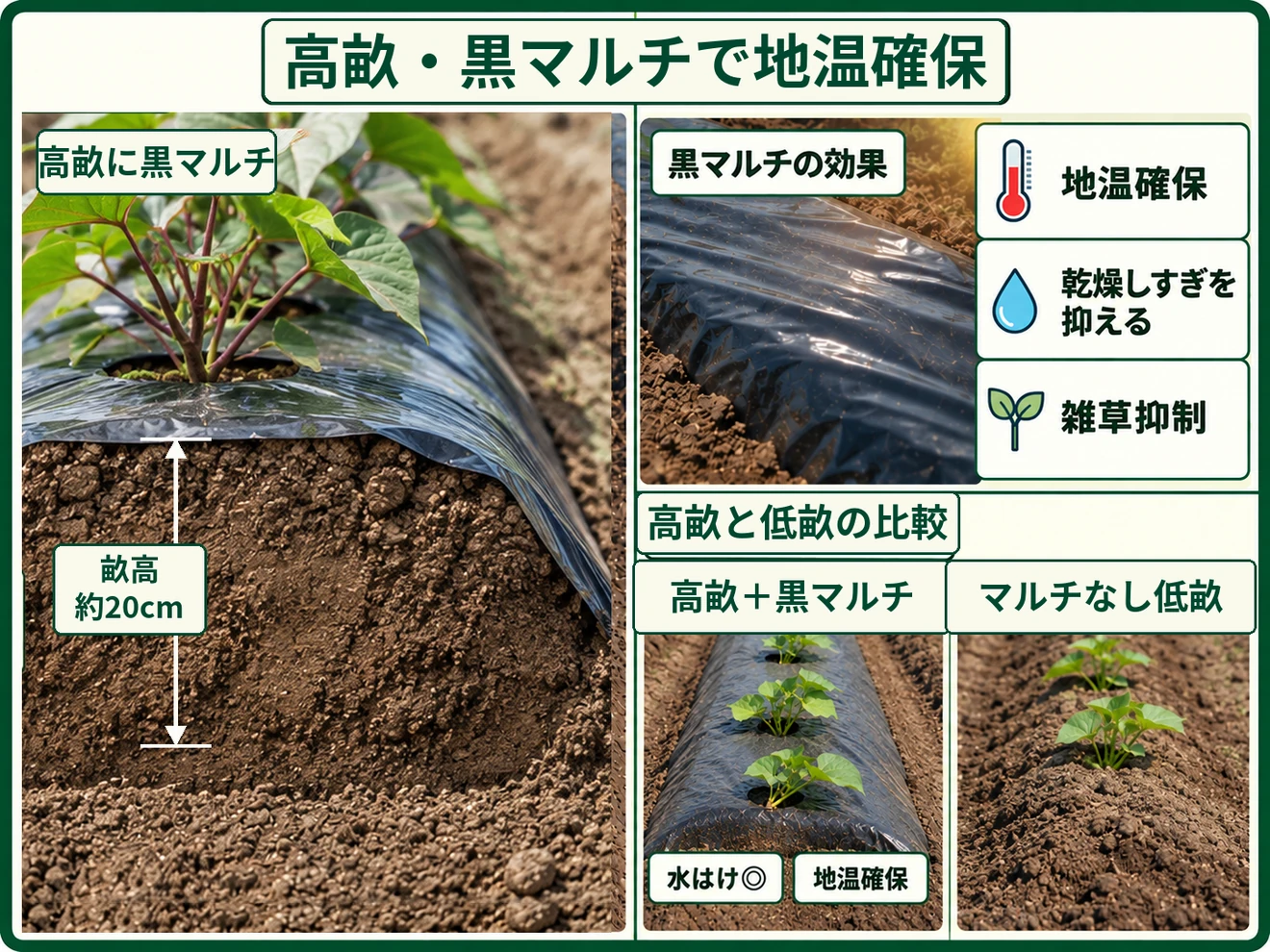 サツマイモを高畝と黒マルチで地温を確保し排水よく育てる方法