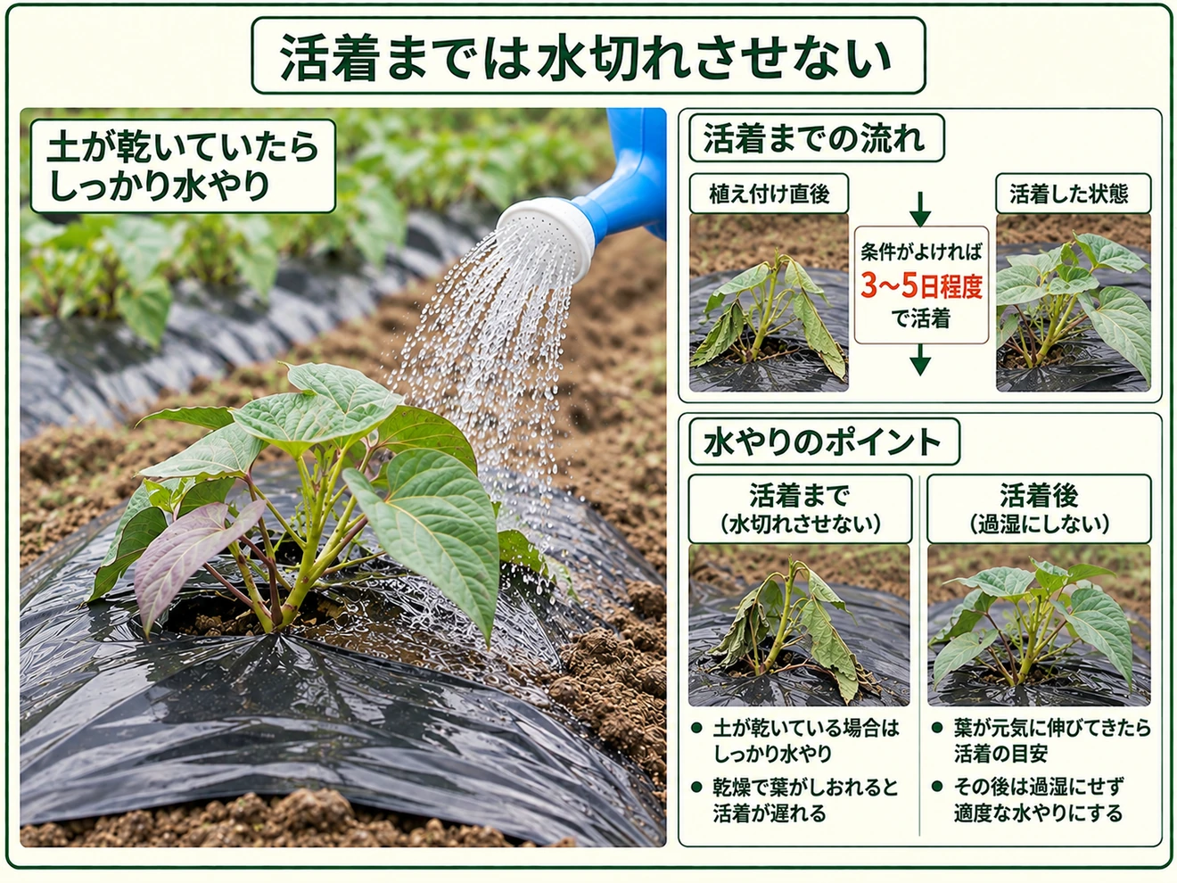 サツマイモの活着までは土を乾かしすぎず水切れさせない管理方法