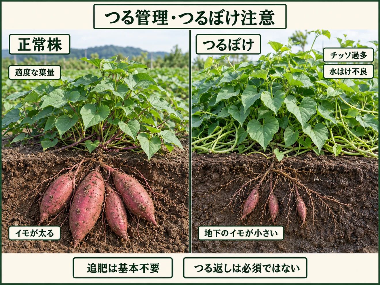 サツマイモのつる管理と肥料過多によるつるぼけに注意するポイント