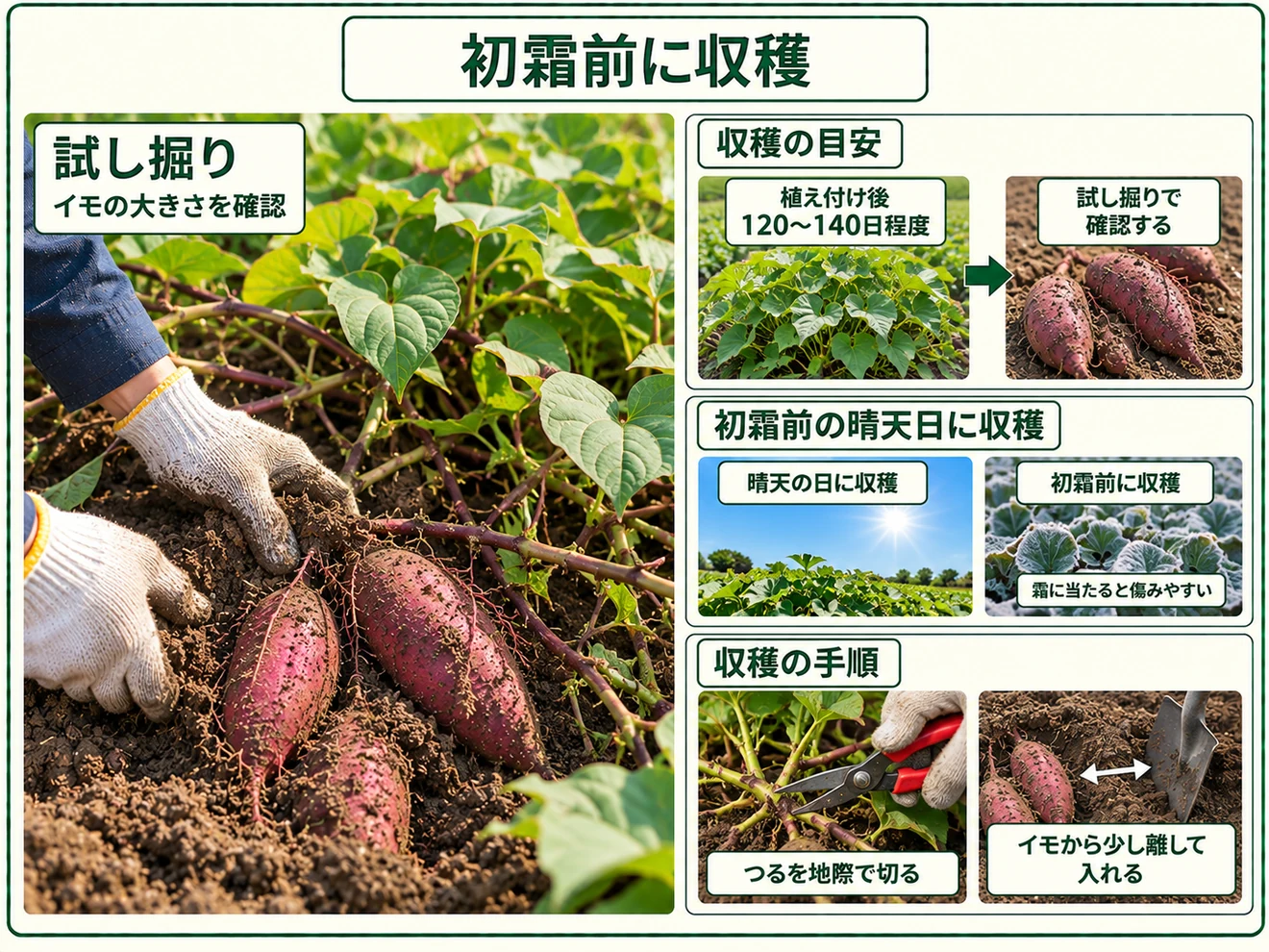 寒冷地でサツマイモを初霜の前に掘り上げて収穫する方法