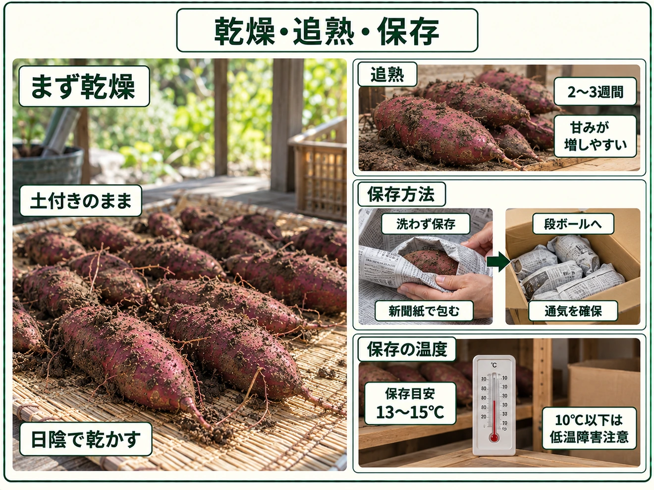 収穫後のサツマイモを乾燥させて追熟し低温を避けて保存する方法