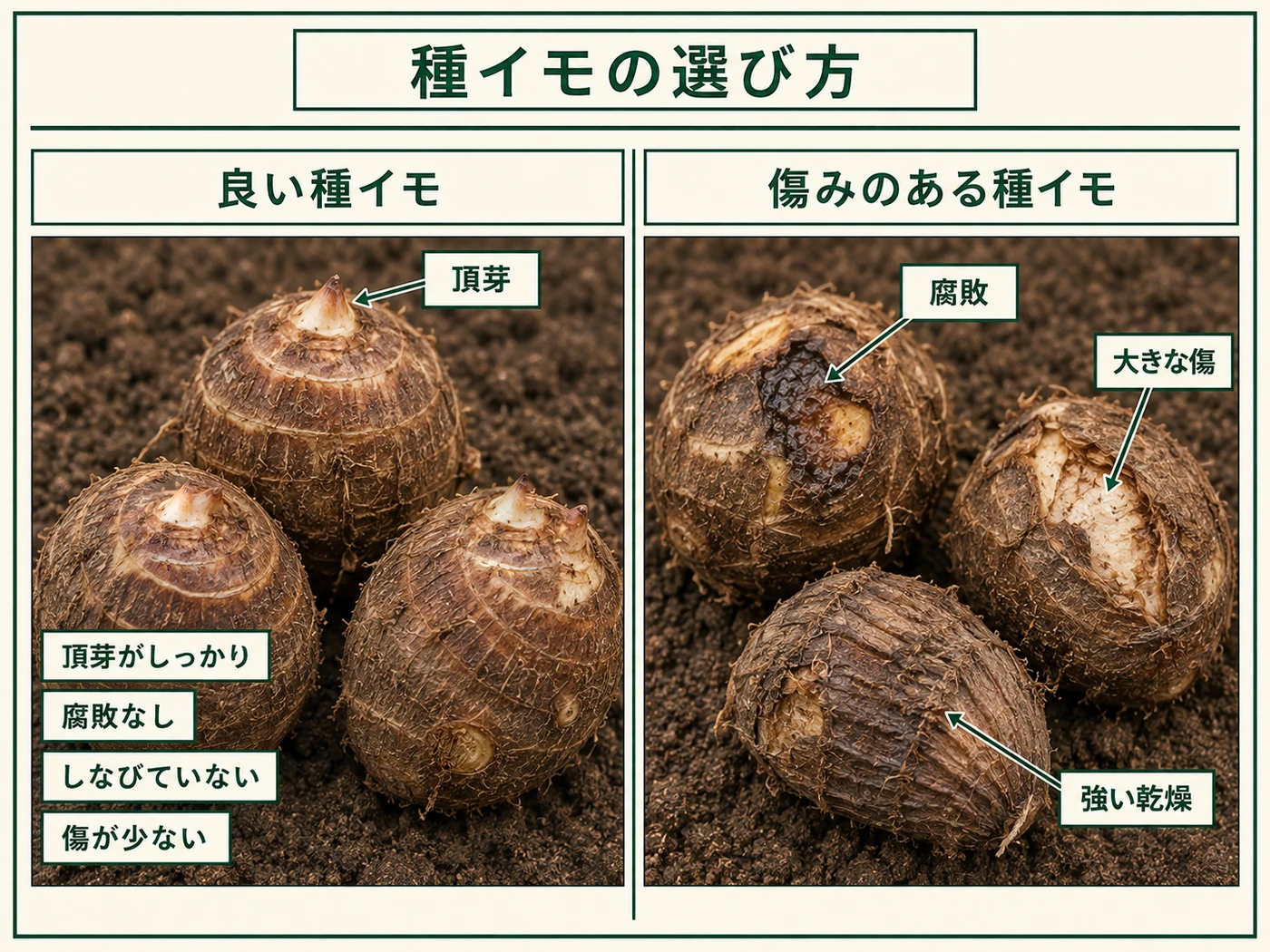 サトイモの健康な種イモと腐敗した種イモの見分け方