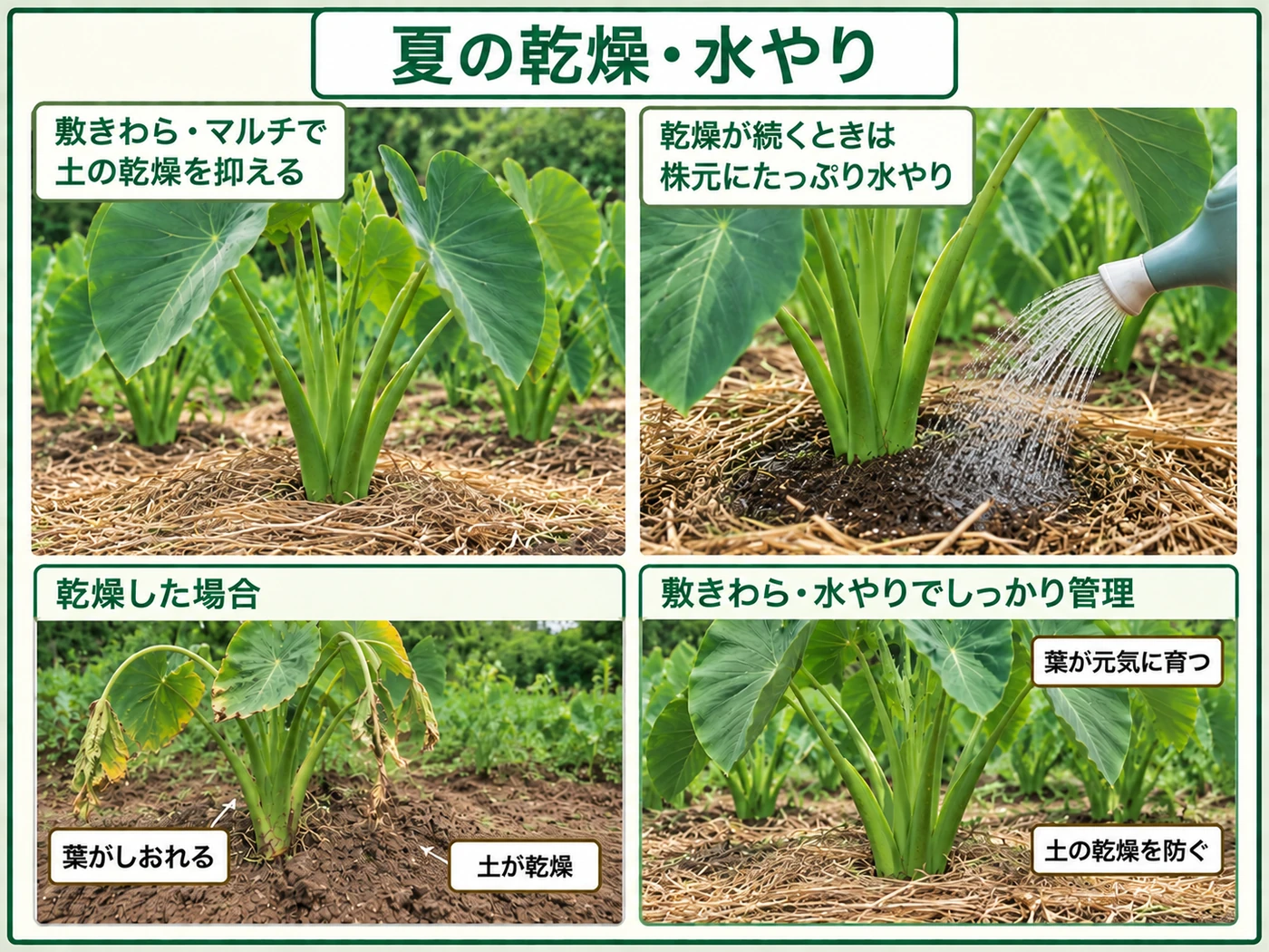 サトイモの夏の乾燥を敷きわらと水やりで防ぐ方法
