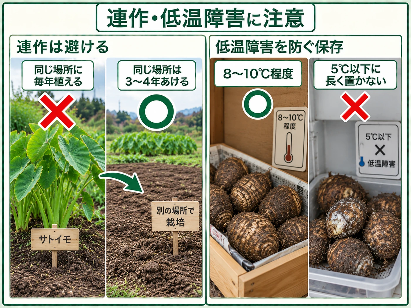 サトイモの連作回避と低温障害を防ぐ保存方法