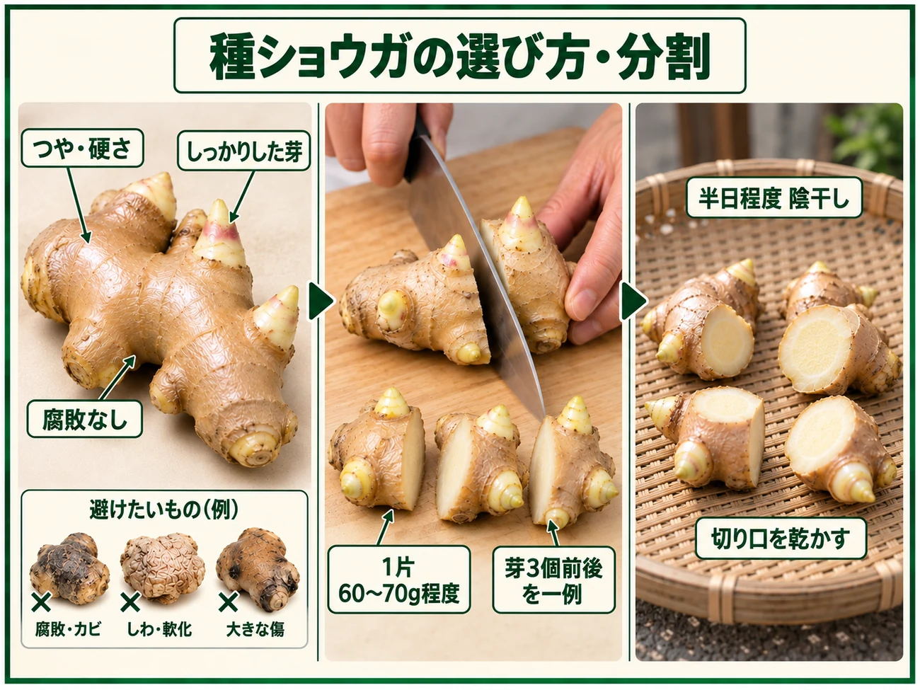 健全な種ショウガを60〜70g程度・芽3個前後を目安に分割し切り口を陰干しする方法