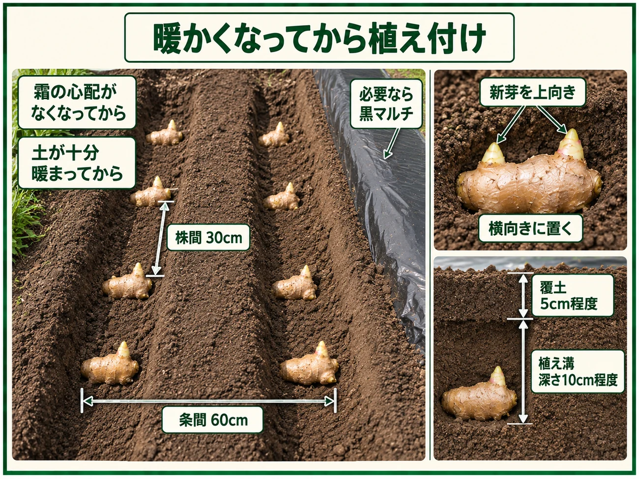 ショウガを霜の心配がなく土が暖まってから条間60cm・株間30cmで植え付ける方法