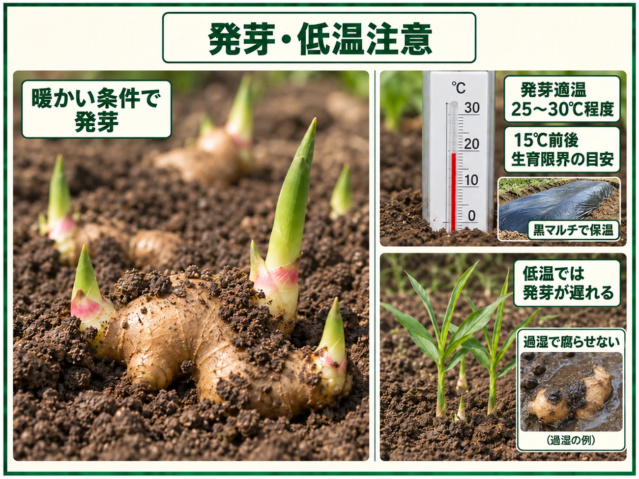 ショウガの発芽適温25〜30℃と低温による発芽遅れ・過湿による腐敗への注意