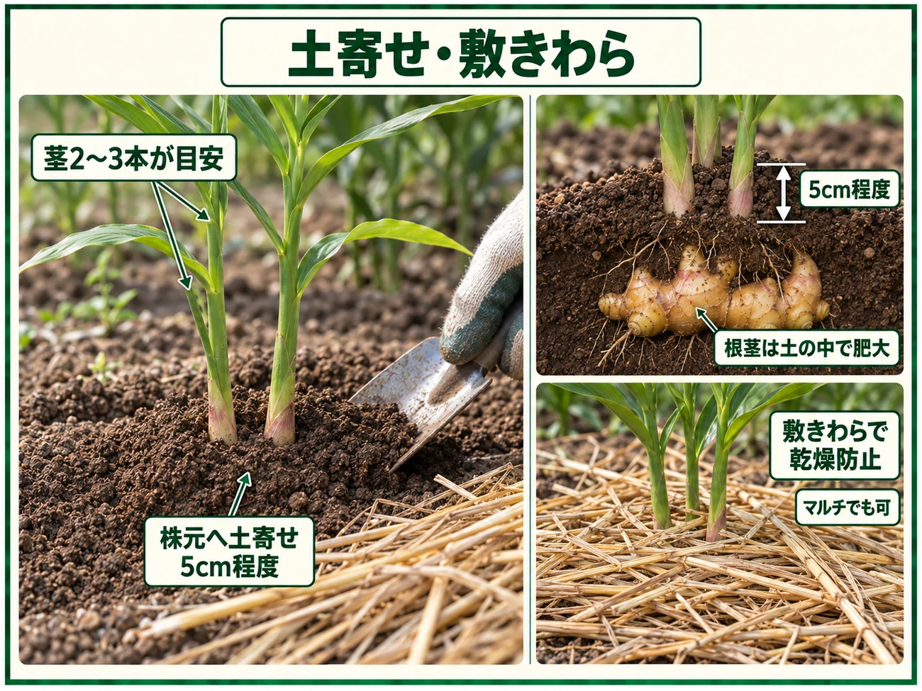 ショウガの茎が2〜3本になったころ株元へ5cm程度土寄せし敷きわらで乾燥を防ぐ方法