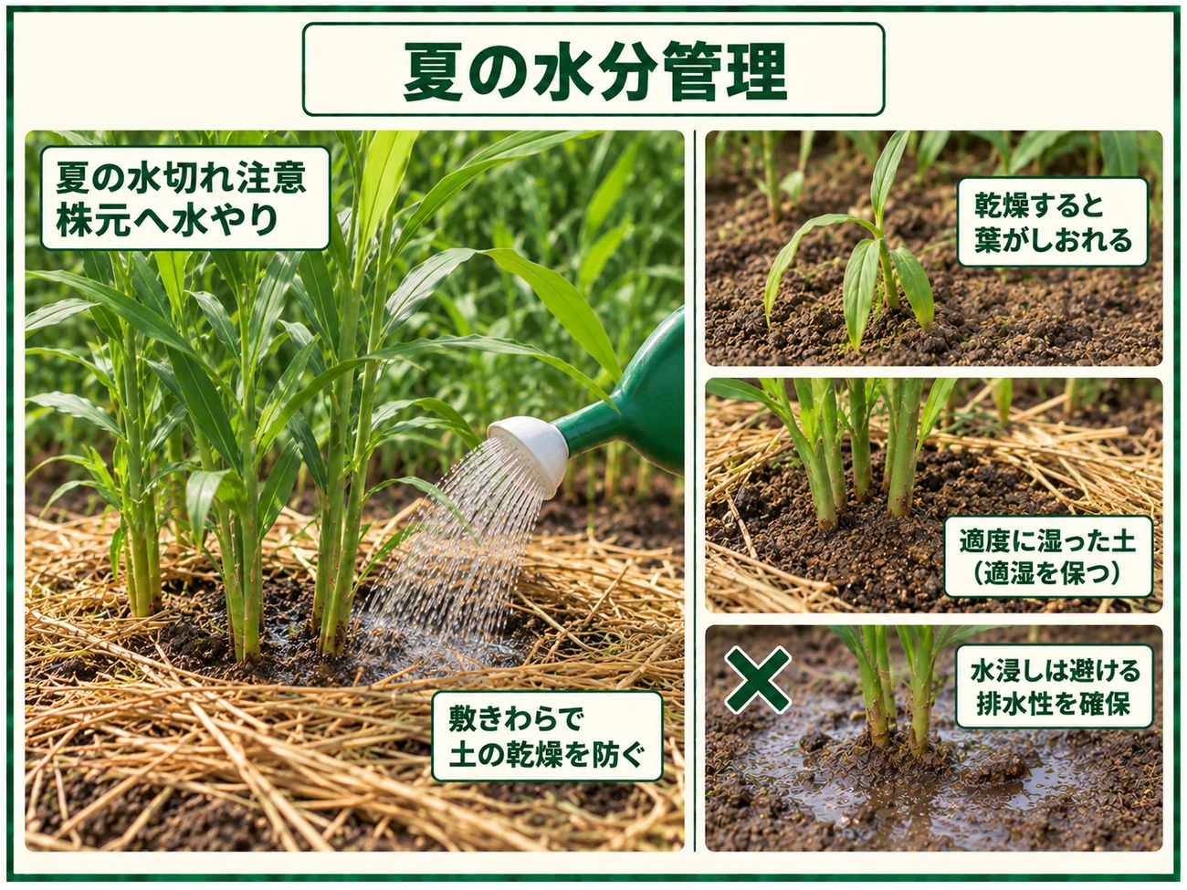 夏のショウガへ株元から水やりし敷きわらで乾燥を防ぎ水浸しを避ける管理方法