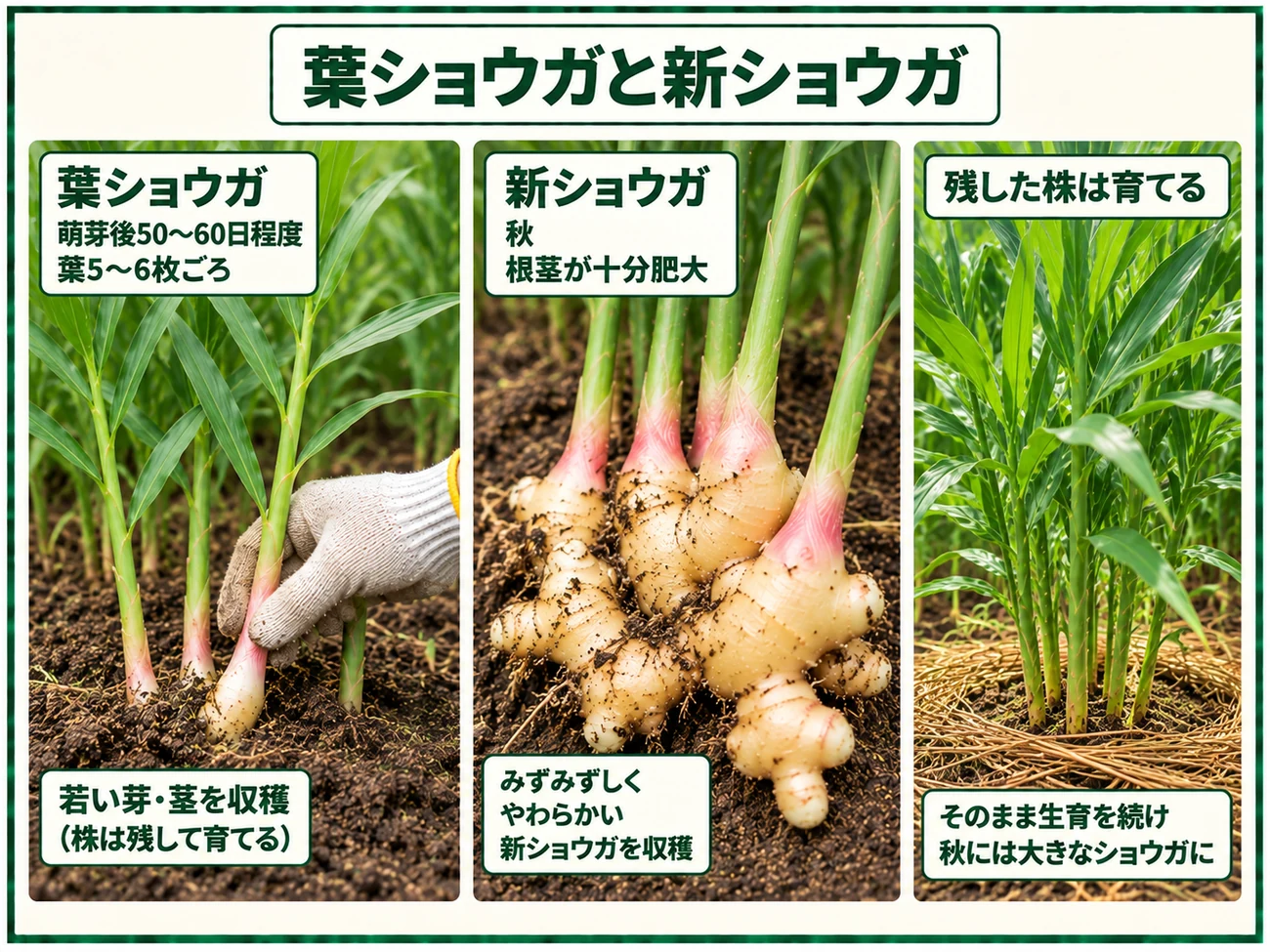 萌芽後50〜60日・葉5〜6枚ごろの葉ショウガと秋に根茎が肥大した新ショウガの収穫